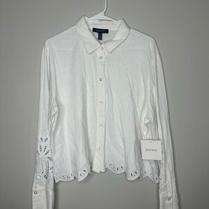 Ellen Tracy White Eyelet Button-Down Shirt Size Large NWT Viscose Linen